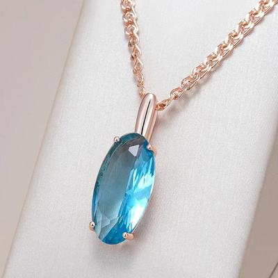 Große ovale blaue Zirkon-Anhänger-Halskette mit goldener Stiftkette, 50 cm, Damenmode, Kostümschmuck