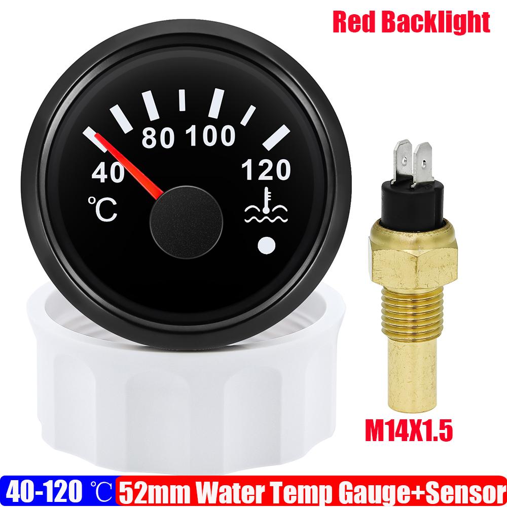 40~120 Celsius 52mm Water Temperature Gauge+Sensor with Flash Alarm Waterproof Red Light Water Temp Meter for Car Boat 12V 24V