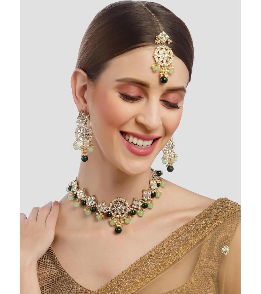 Women Gold Plated Square Shape Womens Green Beads Choker Necklace Set