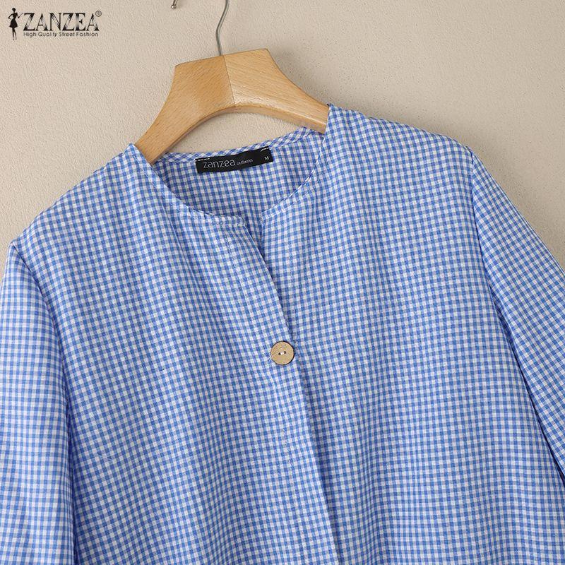 ZANZEA Damen Karo-Print Lässige Rundhals-Bluse mit 3/4-Ärmeln