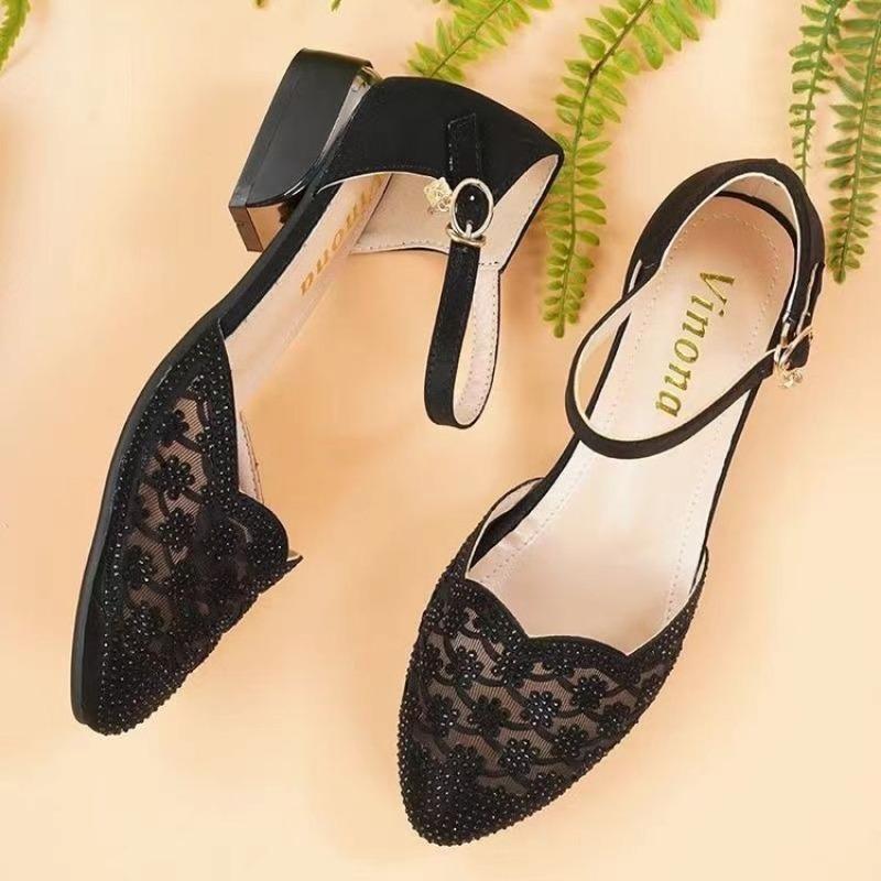 New Style Sandals Mid-heel Shoes with Toe Caps Rhinestone Shoes Single Shoes Mom Shoes