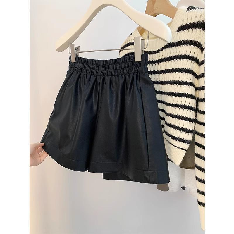 Women s Black High-Waisted A-Line PU Leather Shorts - Autumn/Winter 2026 Wide-Leg Elasticated Bootcut Style. 3XL