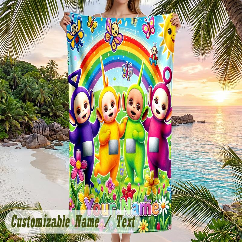 Teletubbies Beach Towel, Personalized Custom Text, Quick Dry Soft Large Towel For Swimming Pool Travel
