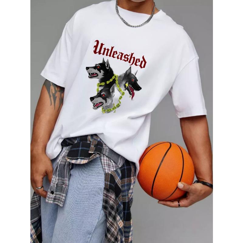 Unisex T Shirt White Unleashed Wolf Heads with Chain Graphic for Casual Wear
