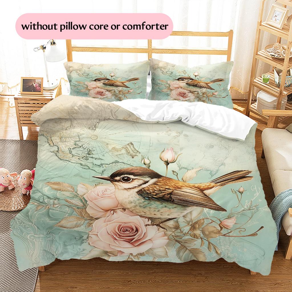 Flower Bird Pattern Bedding Quilt Set  Home Decoration  Gift (1 * duvet cover + 2 * pillowcase  without core)