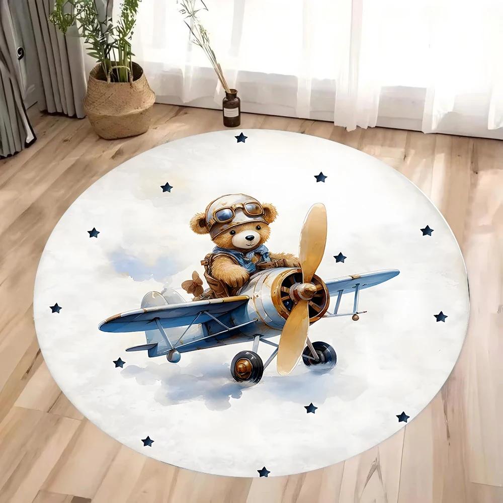 Pilot Teddy Bear Scissors Round Carpet for Living Room Coffee Tables Bedroom Large Area Rug Home Decoration Anti-slip Floor Mat