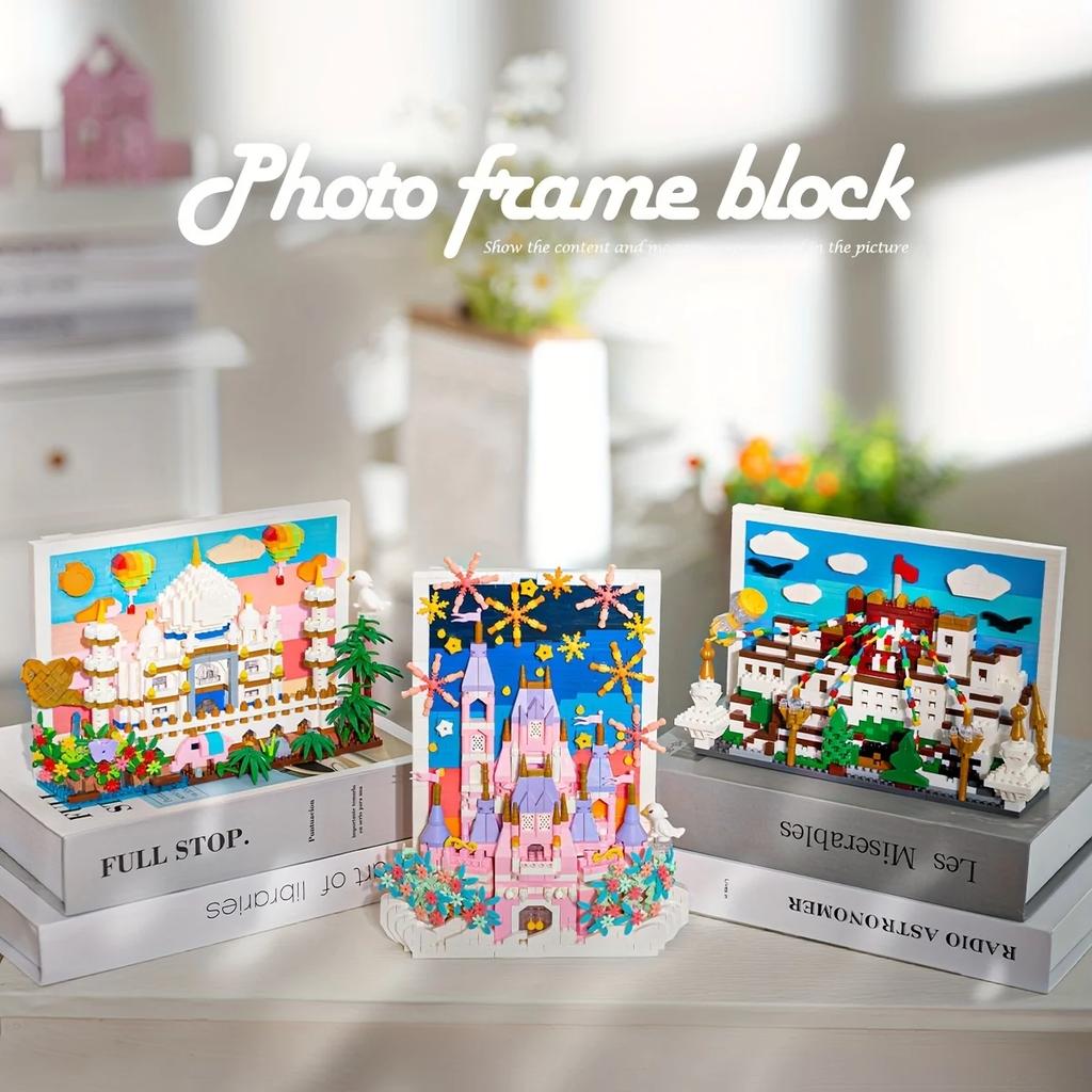 Pink Castle Building Blocks 3D Postcard Building Assemble Model Bricks Creative Desktop Decoration Children's Holiday Gifts