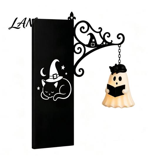 Retro Iron Hanging Lamp Ghost Book Light, Spooky Bookshelf Decor with Warm Small Display Glow, Gothic Reading Corner Ambient Lighting for Halloween