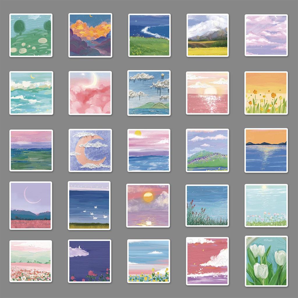 50 Trendy Landscape Oil Painting Stickers - DIY Skateboard & Water Bottle Decor (Non-Infringing, Graffiti Style)