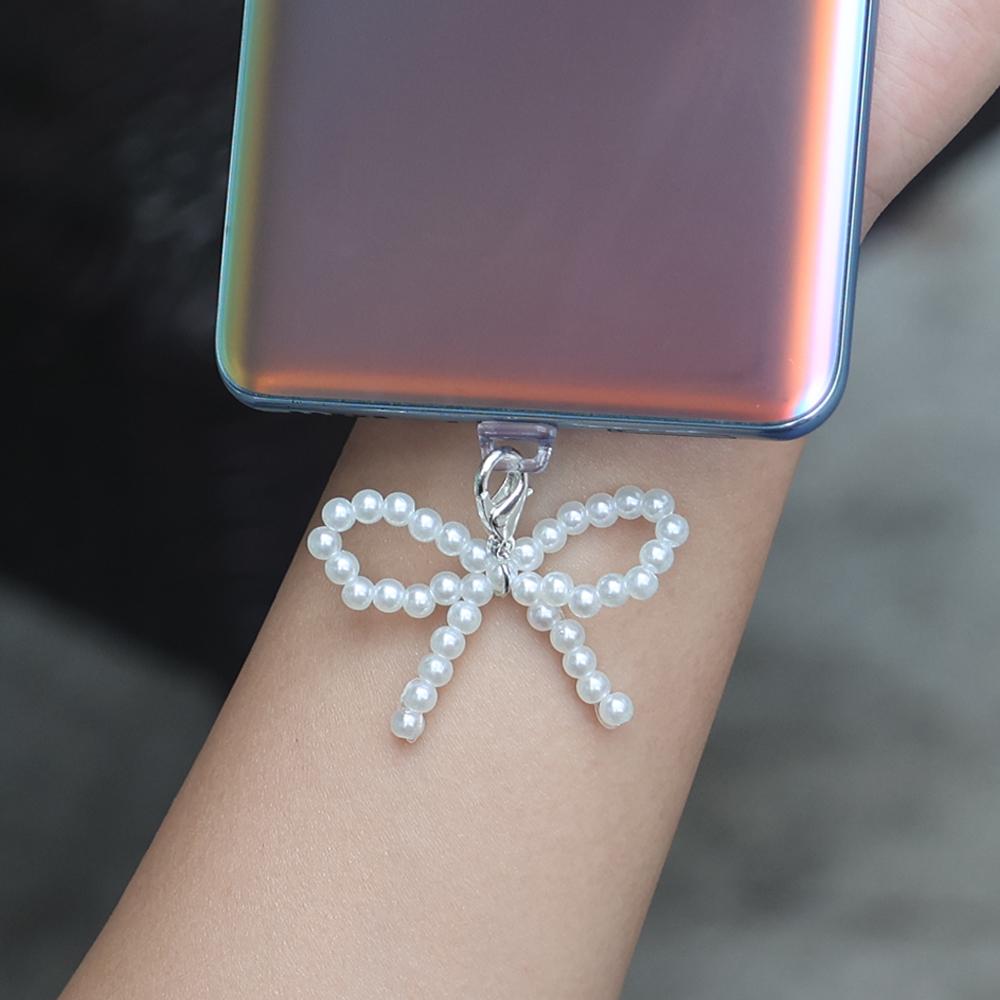 Pearl Bowknot Mobile Phone Dust Plugs DIY Anti Dust Charger Port Plugs Protector Pendant Cap for Apple IPhone 14 Android Type C