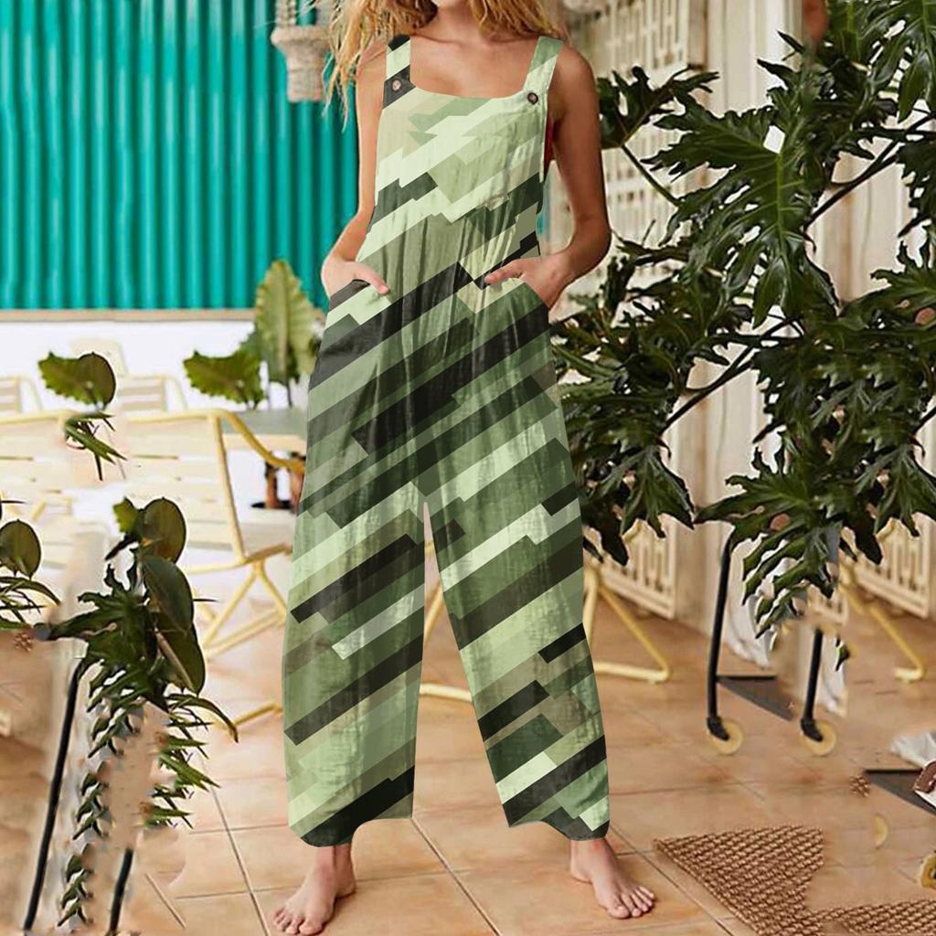 Womens Casual Overalls Jumpsuits Adjustable Straps Sleeveless Print Comfy Rompers With Pocket