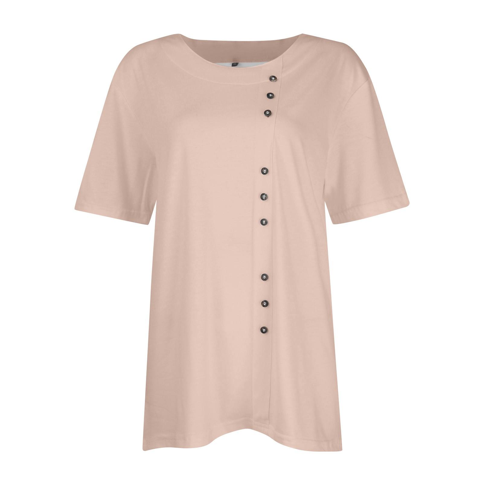 Женская модная повседневная футболка с круглым вырезом и декоративными пуговицами — фото 4