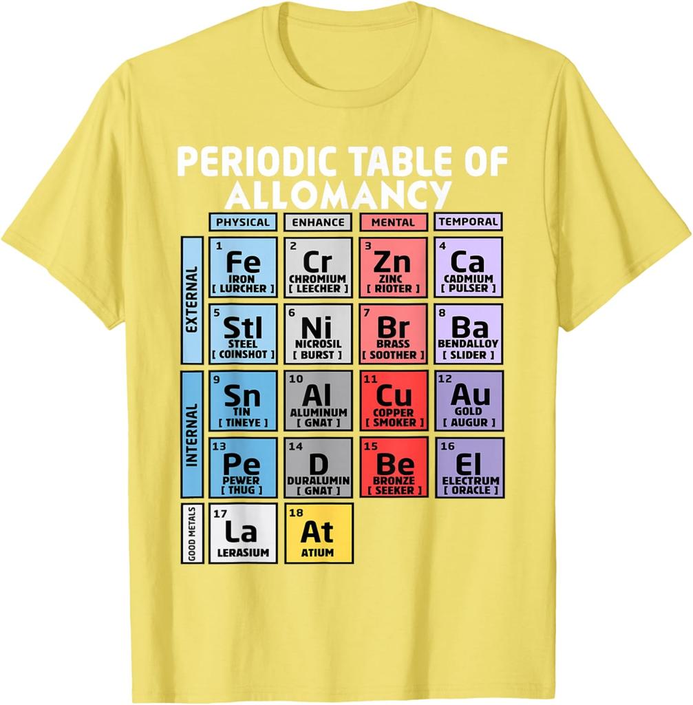Periodic Table of Allomancy Metal Powers Graphic T-Shirt Casual Short Sleeve Cotton Crewneck Tee