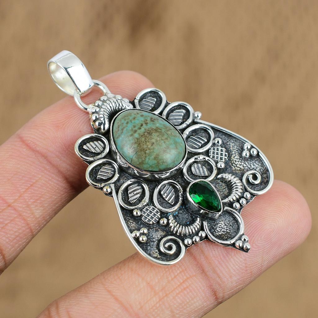Natural Tibetan Turquoise Gemstone Pendant 925 Sterling Silver Jewelry For Girls