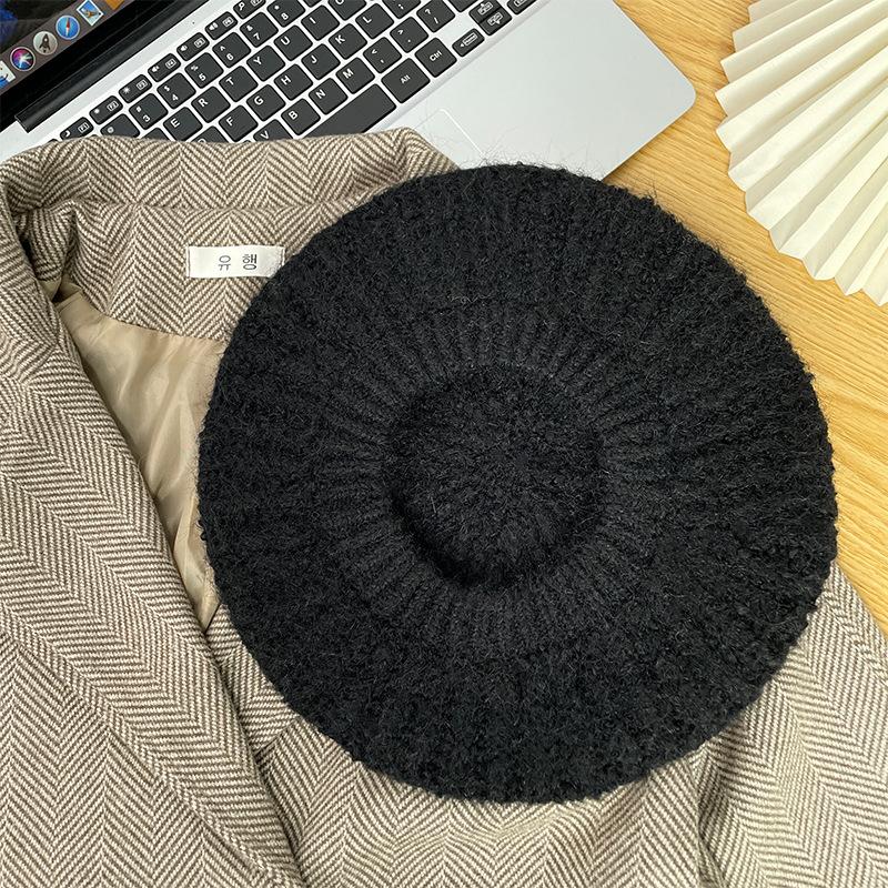 Coarse wool beret women's plain face versatile soft waxy thickened warm face small knitted painter hat