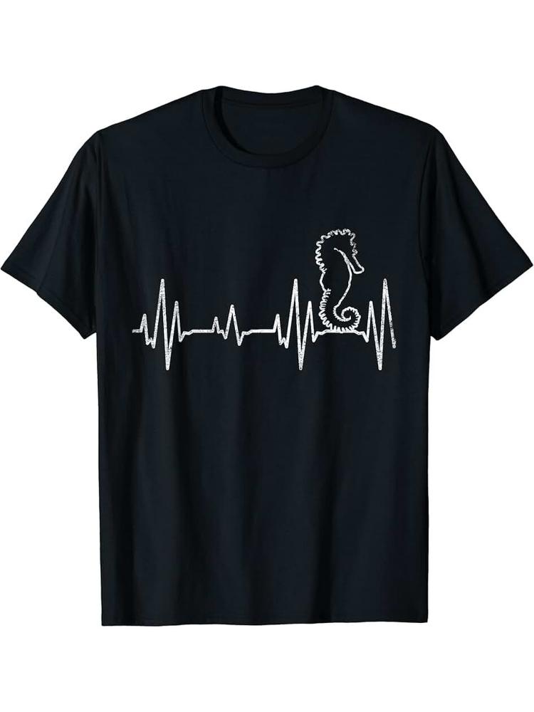 Mens Casual 100 Cotton Short Sleeve TShirt  Heartbeat Seahorse Graphic Print Black with White Design