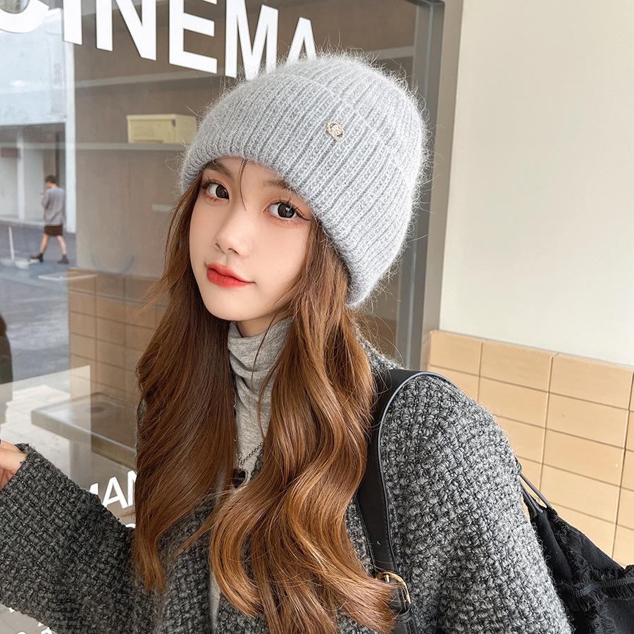 Women’s Casual Solid Color Rabbit Fur Hat with Decorative Buckle and Ear Protection Knitted Hats