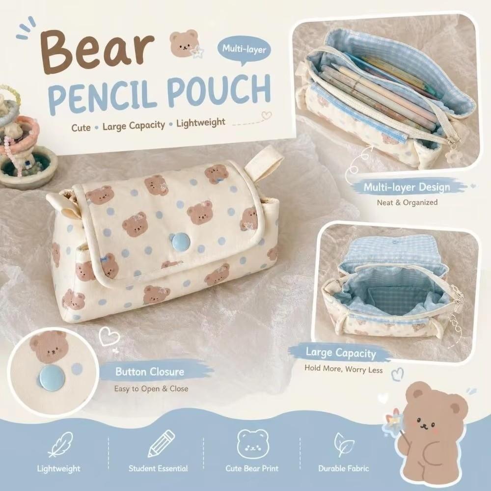 Multi-Layer Pencil Pouch Button-closure Pencil Case Stationery Bag School Supplies