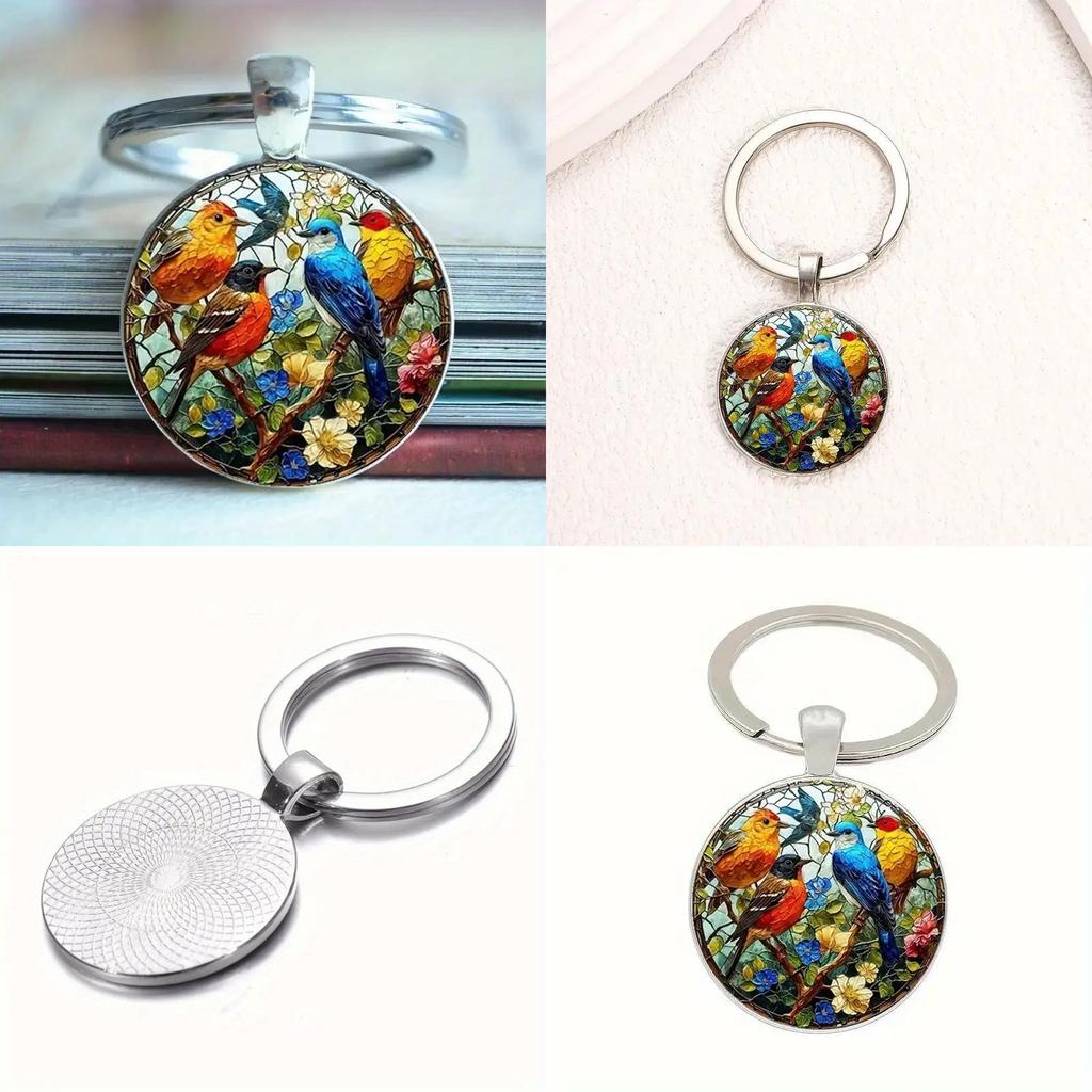 Watercolor Bird Group Glass Keyring With Alloy Material For Gift And Everyday Use