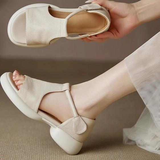 Women's Soft Leather Version Thick Soled Sponge Fish Mouth Sandals, Women's New Summer Coarse Heel, Middle Heel, Soft Sole, Velcro Roman Shoes