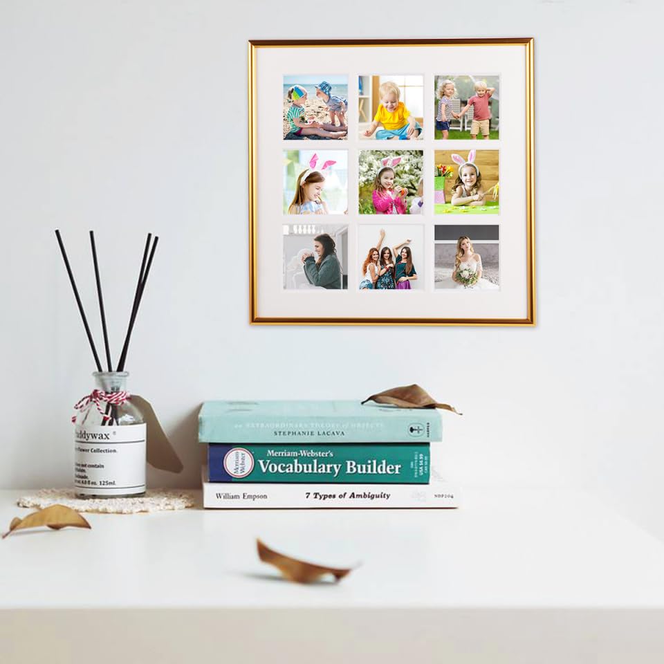 NUOLUX Wall-Mounted Photo Frame, Multi-Faced, Holds 9 Photos, Square, for Interior Decor, Office, Wall-Mounted, or Tabletop Use, Gold