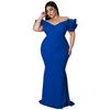 MY961 Plus Size Womens Dress V-Neck Sleeveless Mermaid Fit Knit Gown With Ruffle Cap Sleeves Black Red Blue