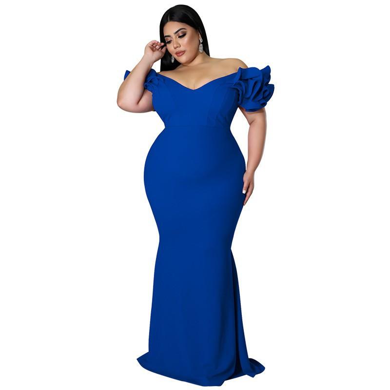 MY961 Plus Size Womens Dress V-Neck Sleeveless Mermaid Fit Knit Gown With Ruffle Cap Sleeves Black Red Blue