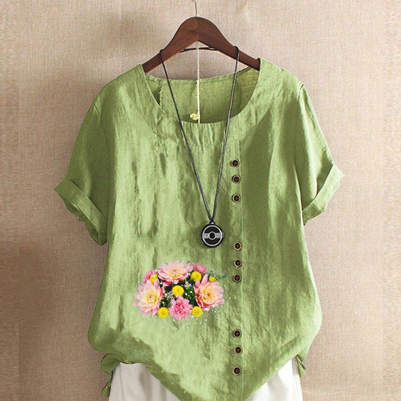 

Женская мода Футболка с круглым вырезом и коротким рукавом с принтом «Букет цветов» Повседневная хлопково-льняная рубашка с рисунком Свободная летняя блузка для отдыха Топы 5XL зелёный