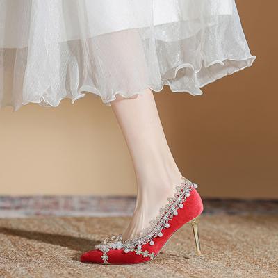 Beautiful Bridal Wedding Shoes Niche High-end Sense Pearl Retro Red High Heels Women's Spring 2025 New Models