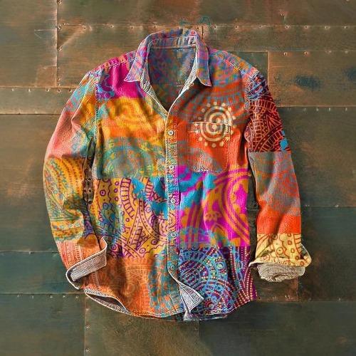 Retro-style Colour-block Print Men’s Long-sleeved Button-down Shirt
