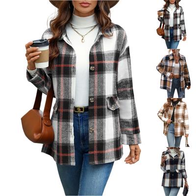 Women's Casual Fashion Woolen Plaid Long Sleeve Cardigan Jacket Top