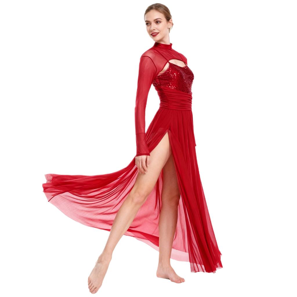 Ladies Sequin Long Sleeve Lyrical Dance Dress Mesh Tulle Flowy Maxi Long Dress Built In Briefs Performance Wear