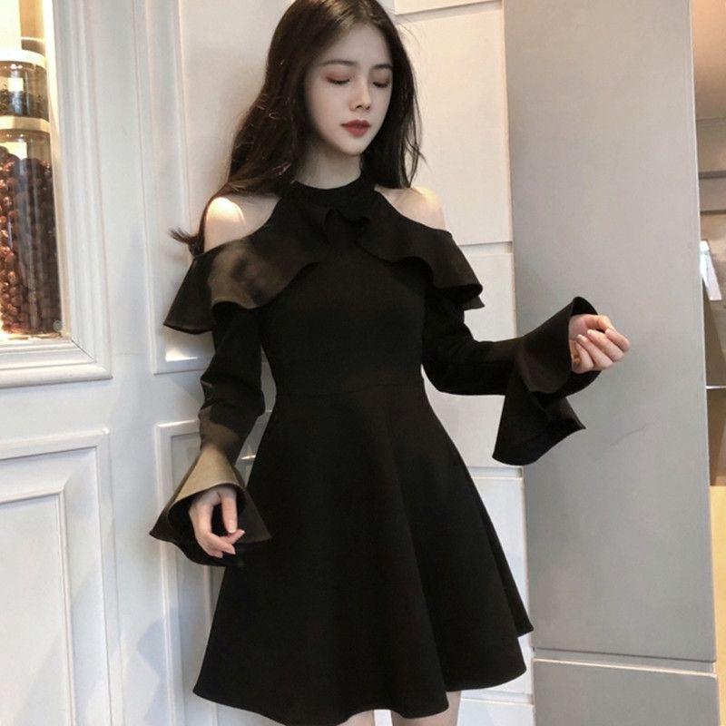 Off-the-shoulder Dress Women's Autumn New Long-sleeved Thin Small Black Short Dress