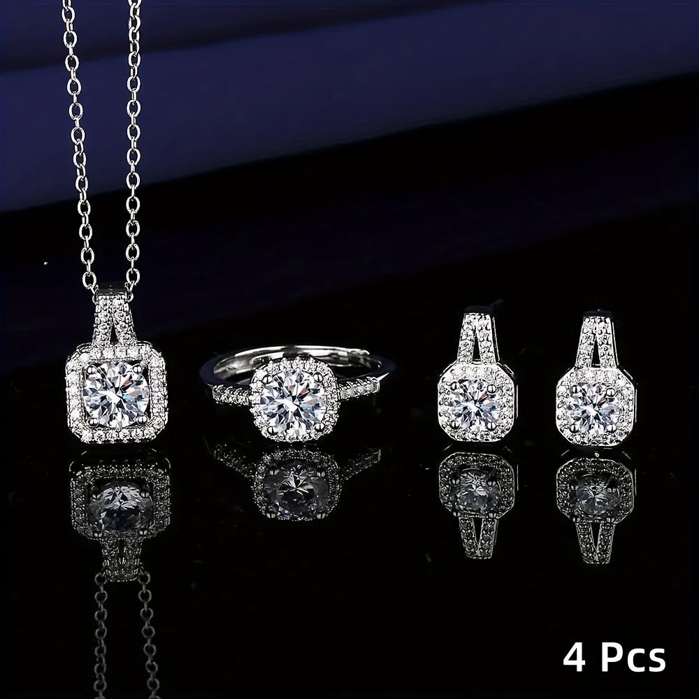4-piece Sparkling Crystal Diamond Jewelry Set! Necklace, Ring, and Earrings, Finely Cut and Dazzling, Fashionable and Versatile