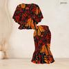 Women Plus Size Red Orange Black Printed Round Neck Batwing Sleeve Ruffle Hem Top Fishtail Skirt Two Piece Set