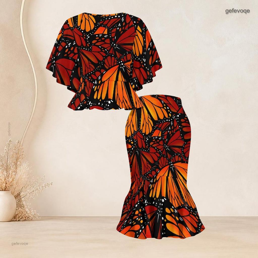 Women Plus Size Red Orange Black Printed Round Neck Batwing Sleeve Ruffle Hem Top Fishtail Skirt Two Piece Set