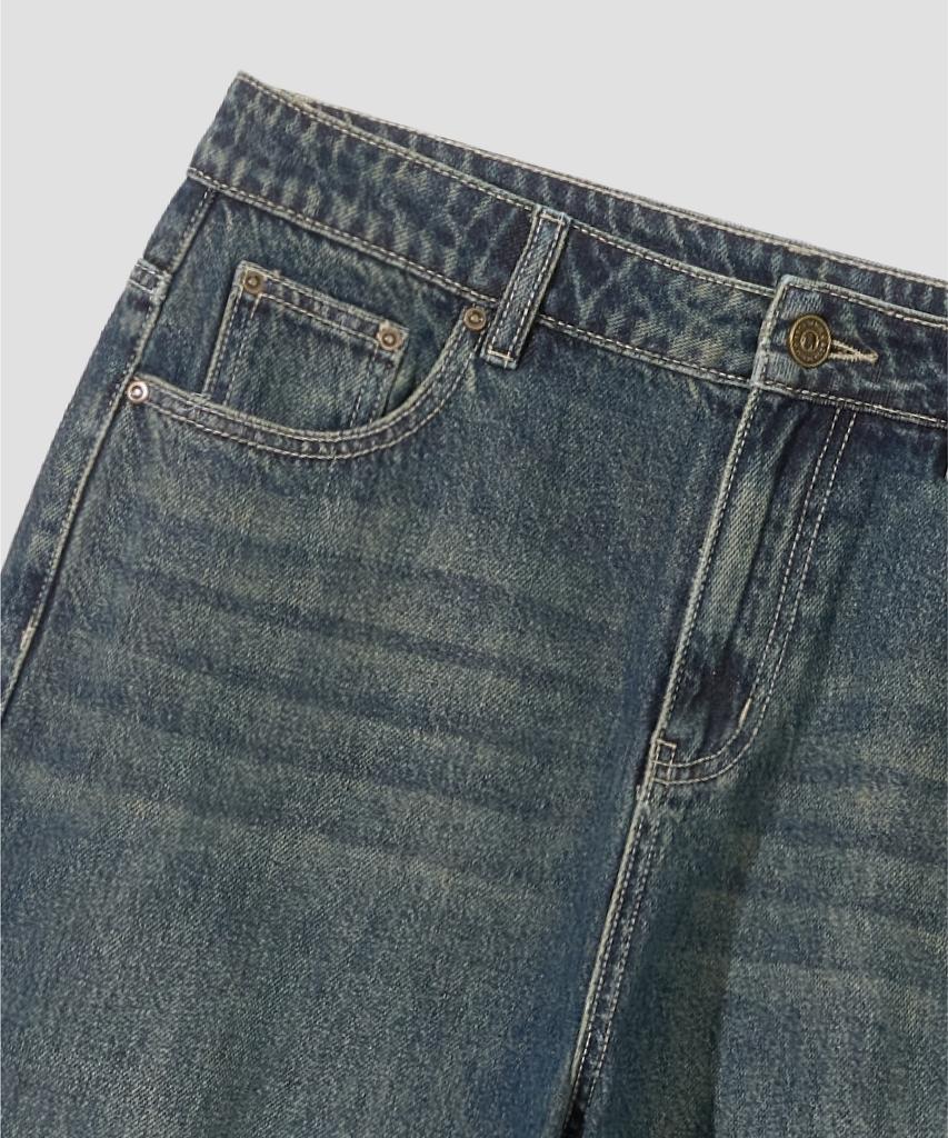 AGOD Vintage Washed Damaged Wide Denim Pants [Sand Indigo]