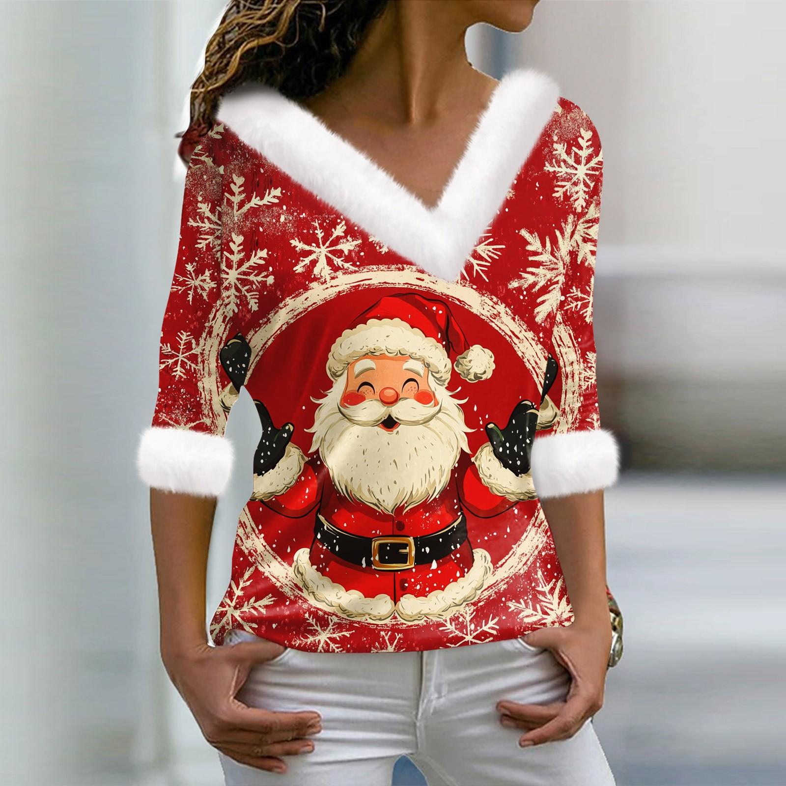 

Женская футболка с рождественским принтом, длинный рукав, флисовый воротник, V-образный вырез, футболка L фиолетовый