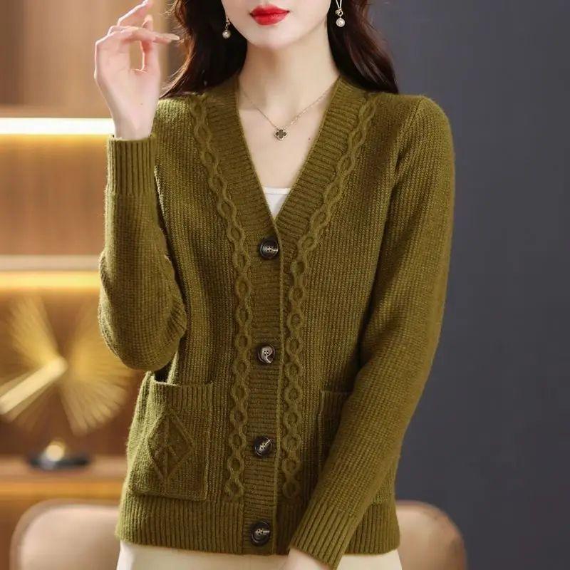 

Loose V-neck Long Sleeve Sweater Jacket Loose V Neck Long Sleeve Sweater Coat army green One size