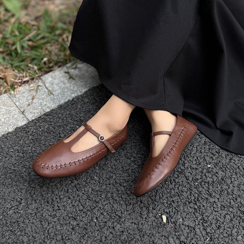 

Johnature Vintage Mary Jane Shoes Genuine Leather Flat Shallow Versatile Soft Soled Women s Shoes 35 кофейный
