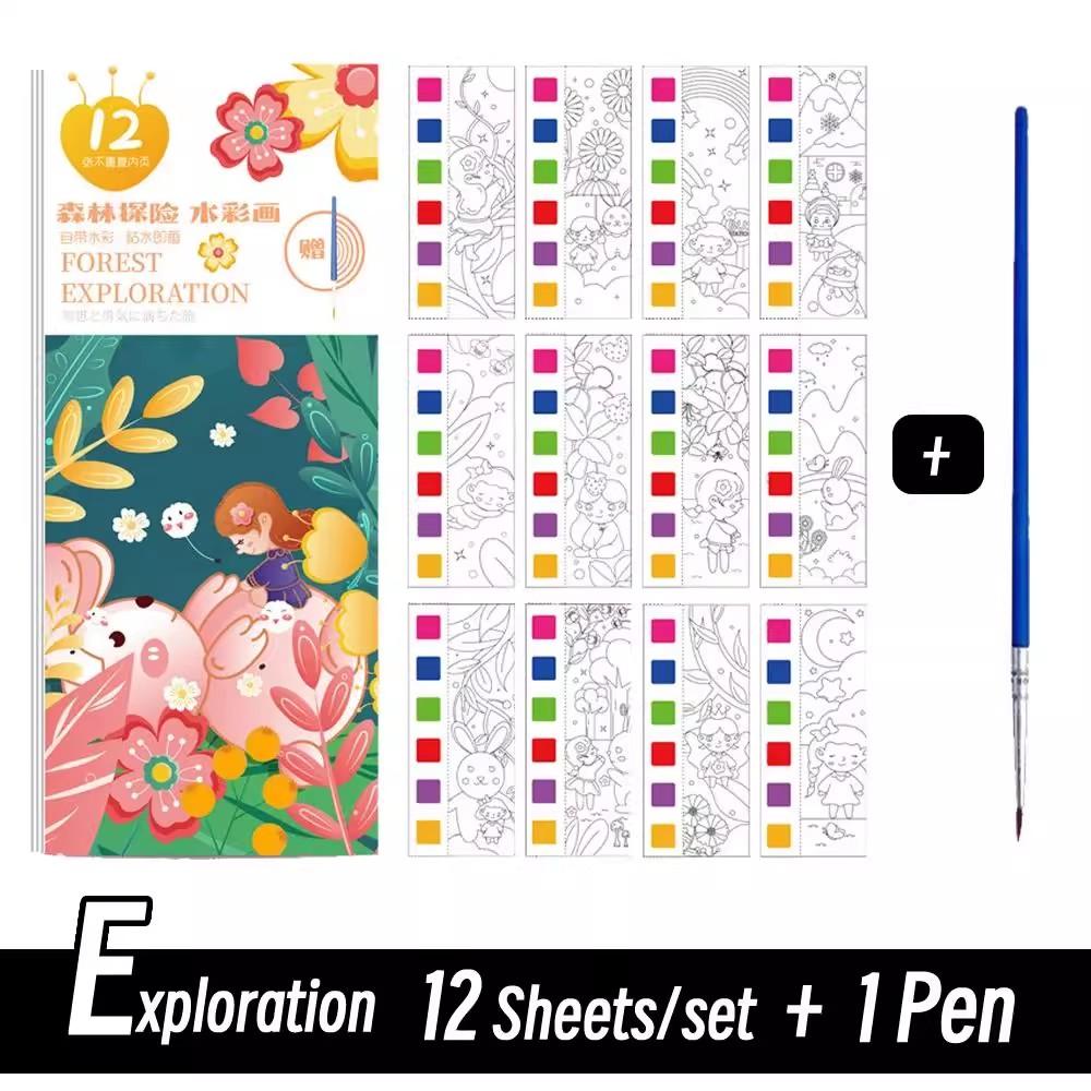 12 Sheets/Set Portable Watercolor Coloring Book - Flower Fairy/Monsters/Space Watercolor Doodle Book