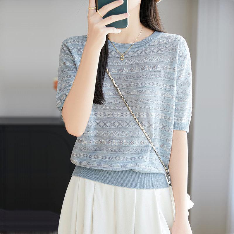 Women Light Blue Fair Isle Jacquard Knit Crew Neck Short Sleeve Casual Knit Top