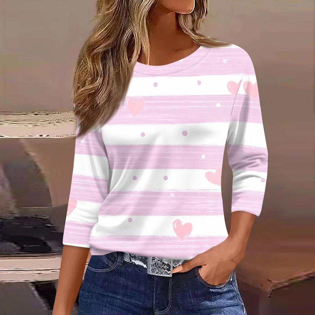 Damen Modisches Lässiges Dreiviertelarm Bedrucktes Rundhals-Top