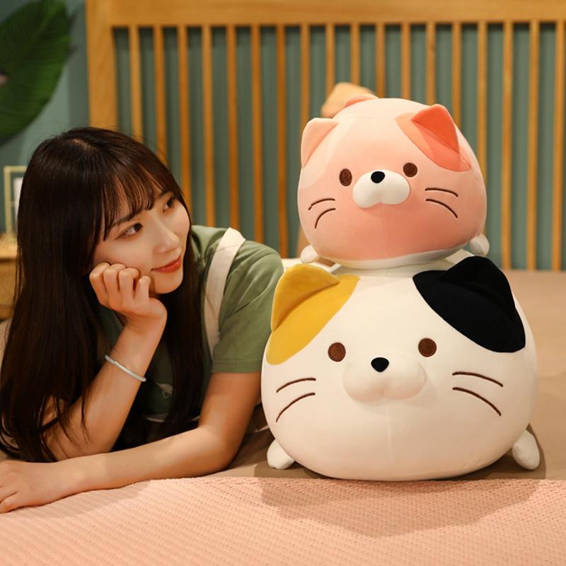 305060Cm Fatty Cat Stuffed Doll Lying 3-Color Pink Grey Brown Kitten Cartoon Animal Plush Toy Soft Comforting Present