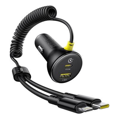 Ładowarka Samochodowa USB-A USB-C Z Kablem iPhone Lightning USB-C 60W 1.4m - Czarna