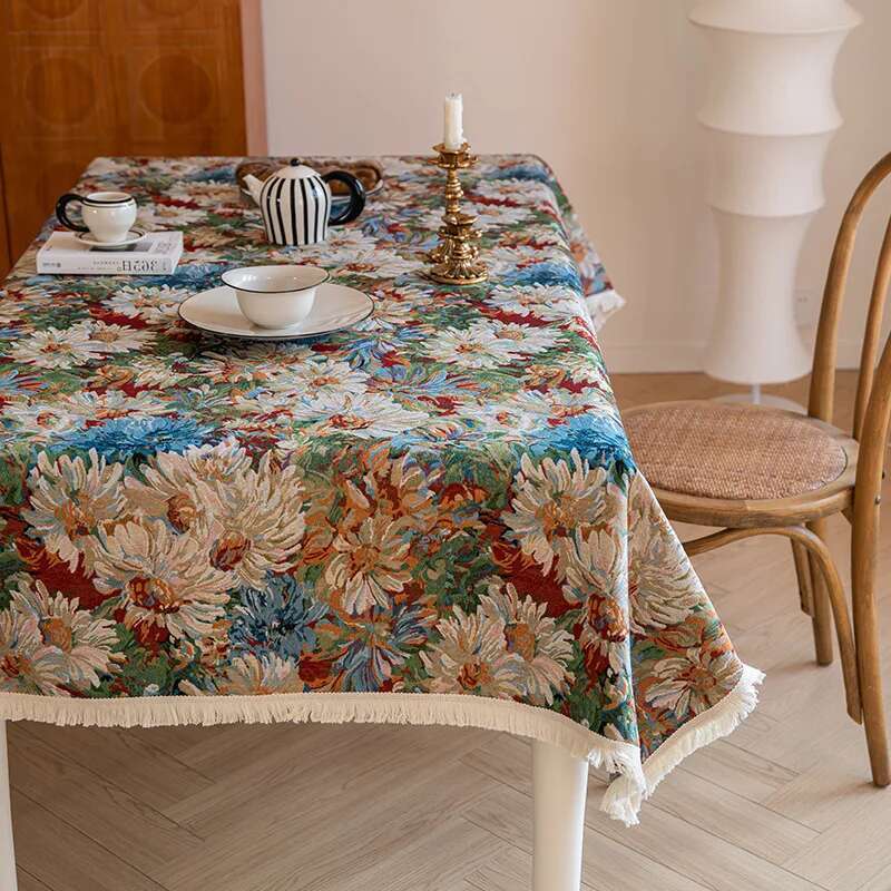 High End Home Floral Countryside Cotton Linen Fabric Tablecloth Rectangular Dining Table Cloth Decorative Cloth