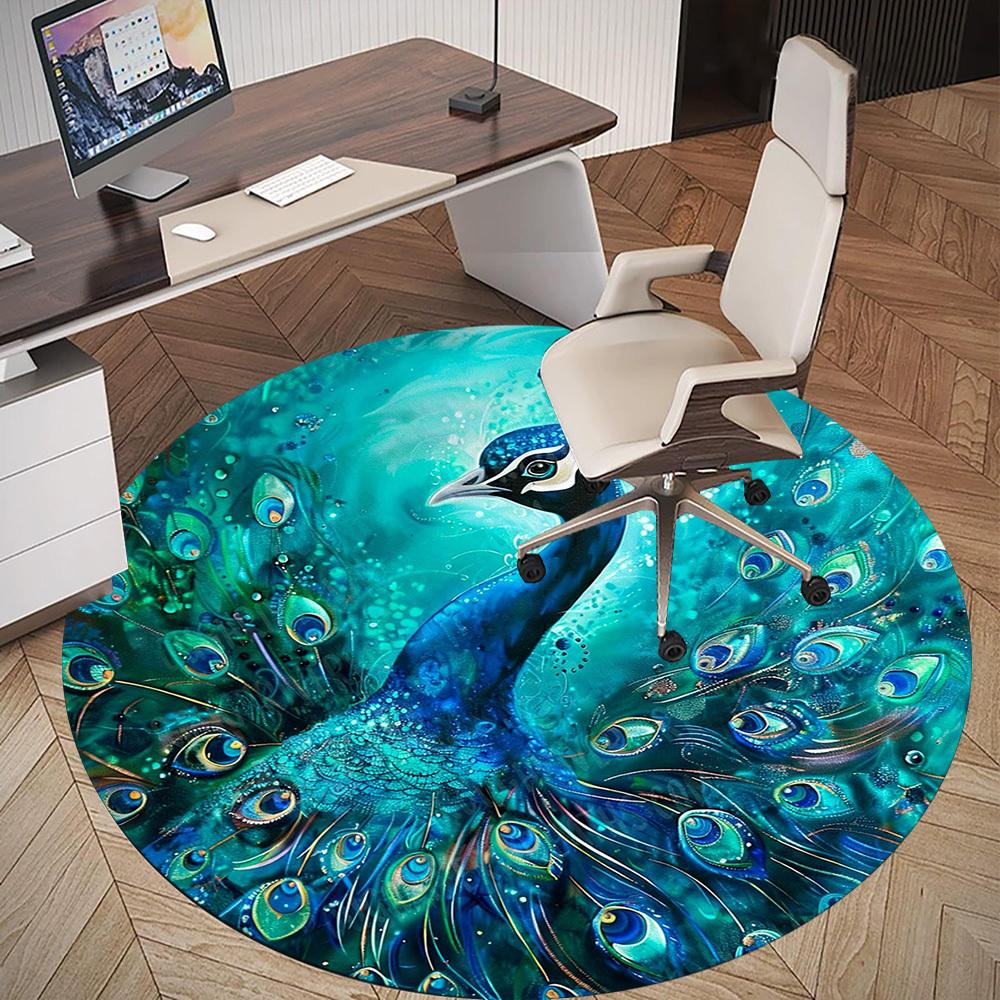 1PC Peacock Feathers Office Round Area Rug, Under Office Chairs Bedroom Living Room Home Decor, Carpet for Office -1110001