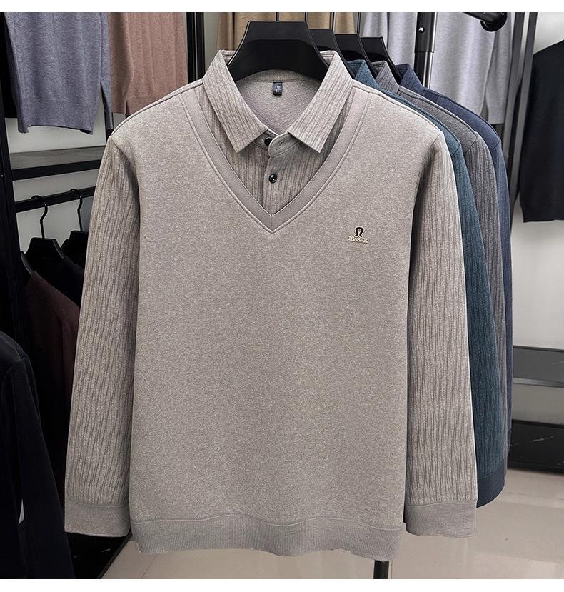 2025 Winter Men's Faux Two-Piece Sweater: New Thick Knit with Shirt Collar and Warm Velvet Layer