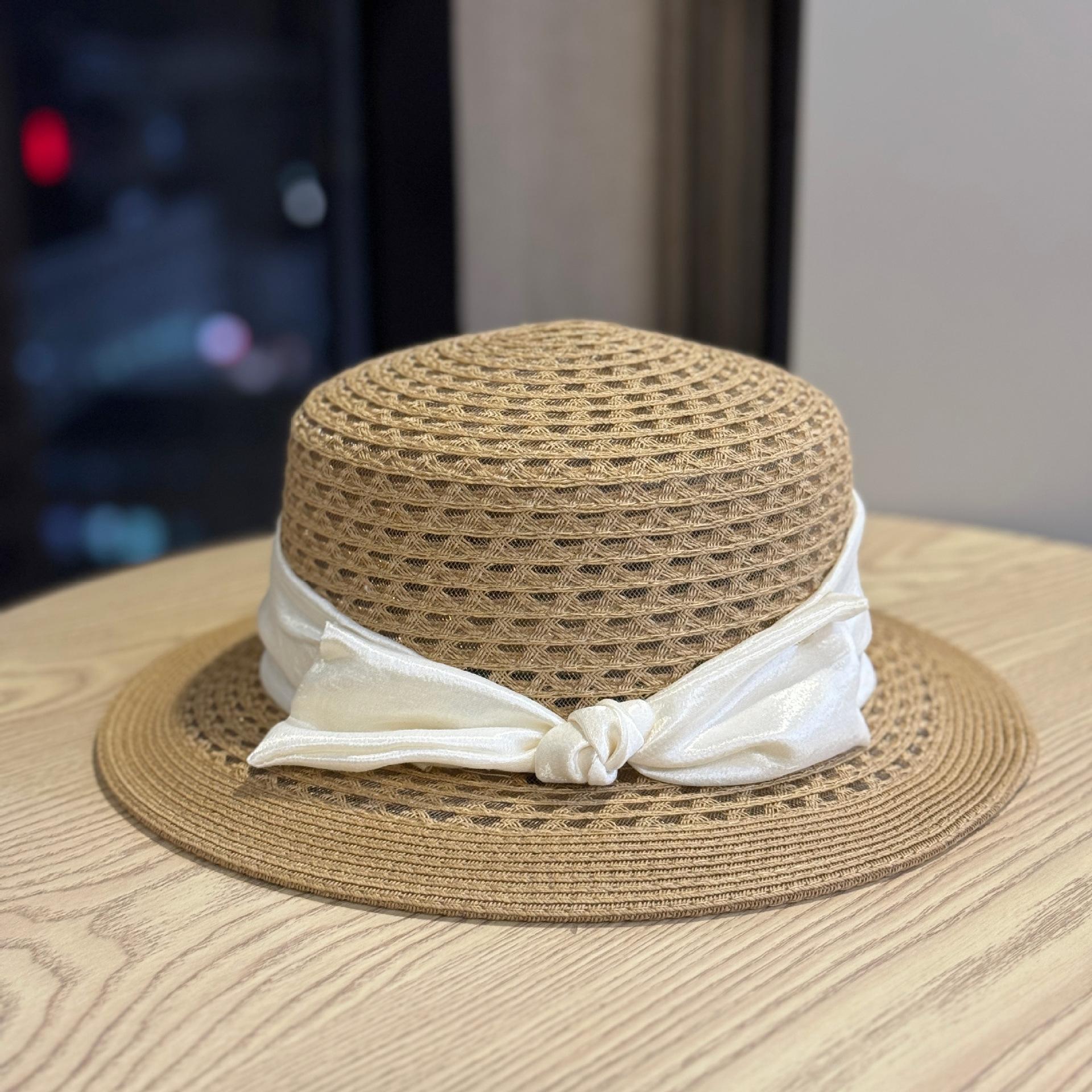 

Vintage French Old Money Style Bowknot Hollow Flat-Top Straw Hat for Women, Summer Vacation Beach Sun Protection Sunshade Adult54-60Adjustable хакі