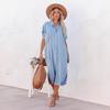 New Fashion European American Solid Color Denim Short Sleeve Split Midi Shirt Dress
